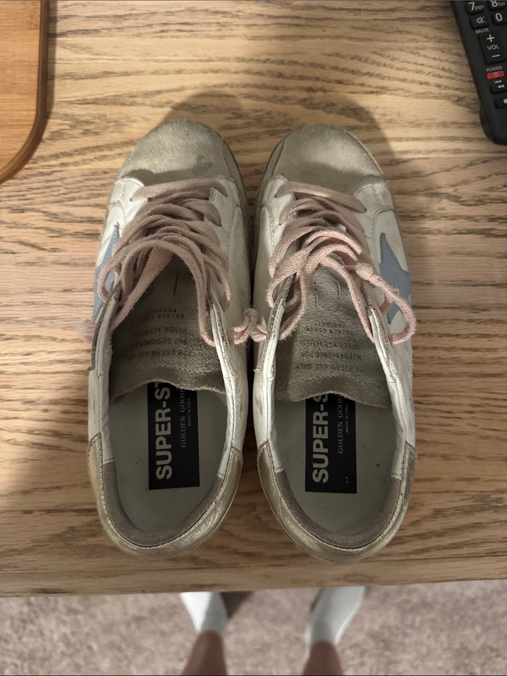 Golden Goose Women's White Leather Sneakers with Pink Laces and Light Blue Star